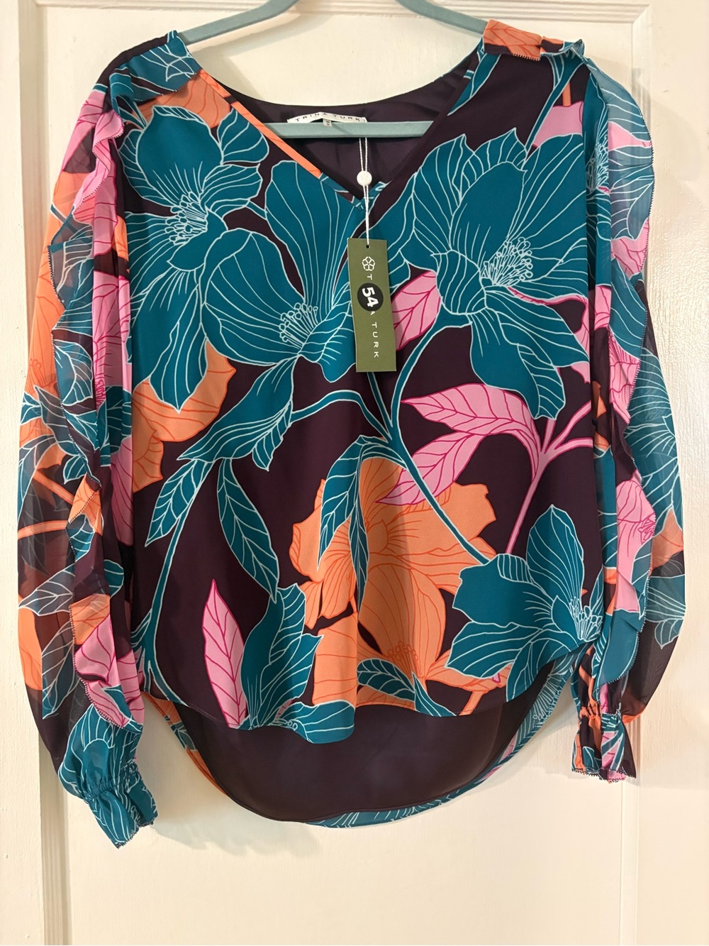 Trina Turk NWT Teal Pink Orange Floral Long-Sleeve Blouse